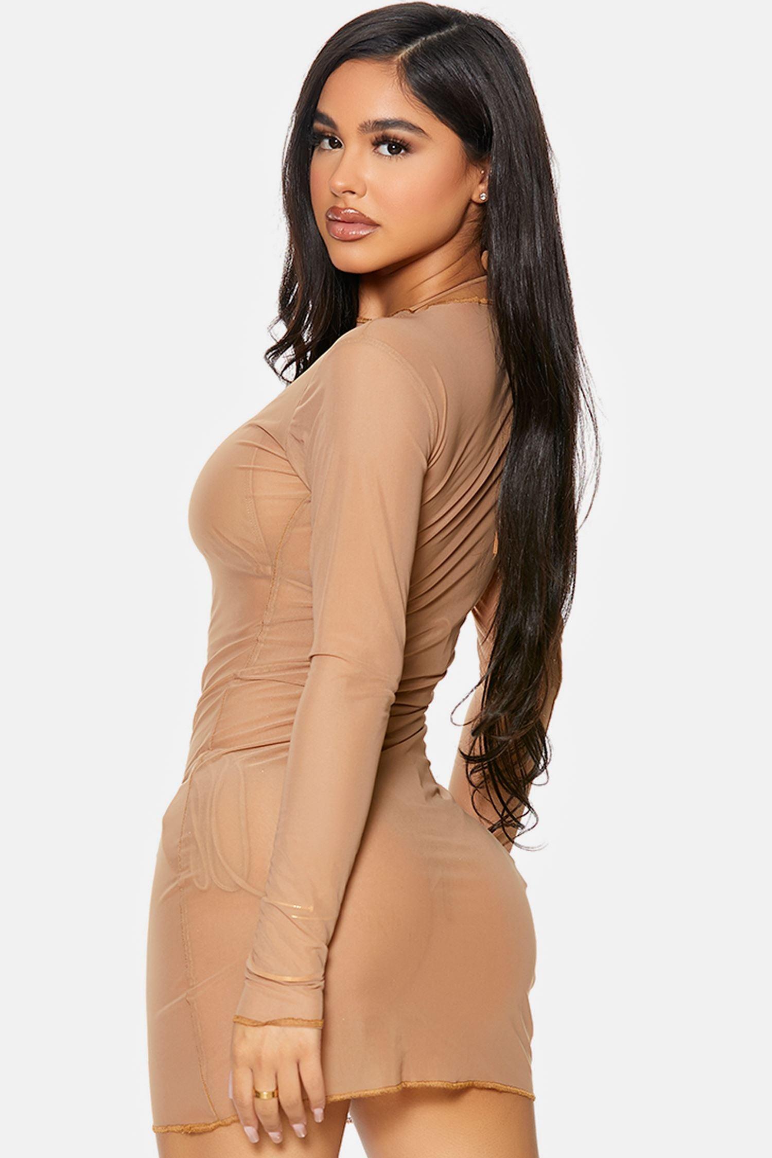 Mocha Cover Me Long Sleeve Mesh Sheer Pool Swimwear Coverup Mini Dress