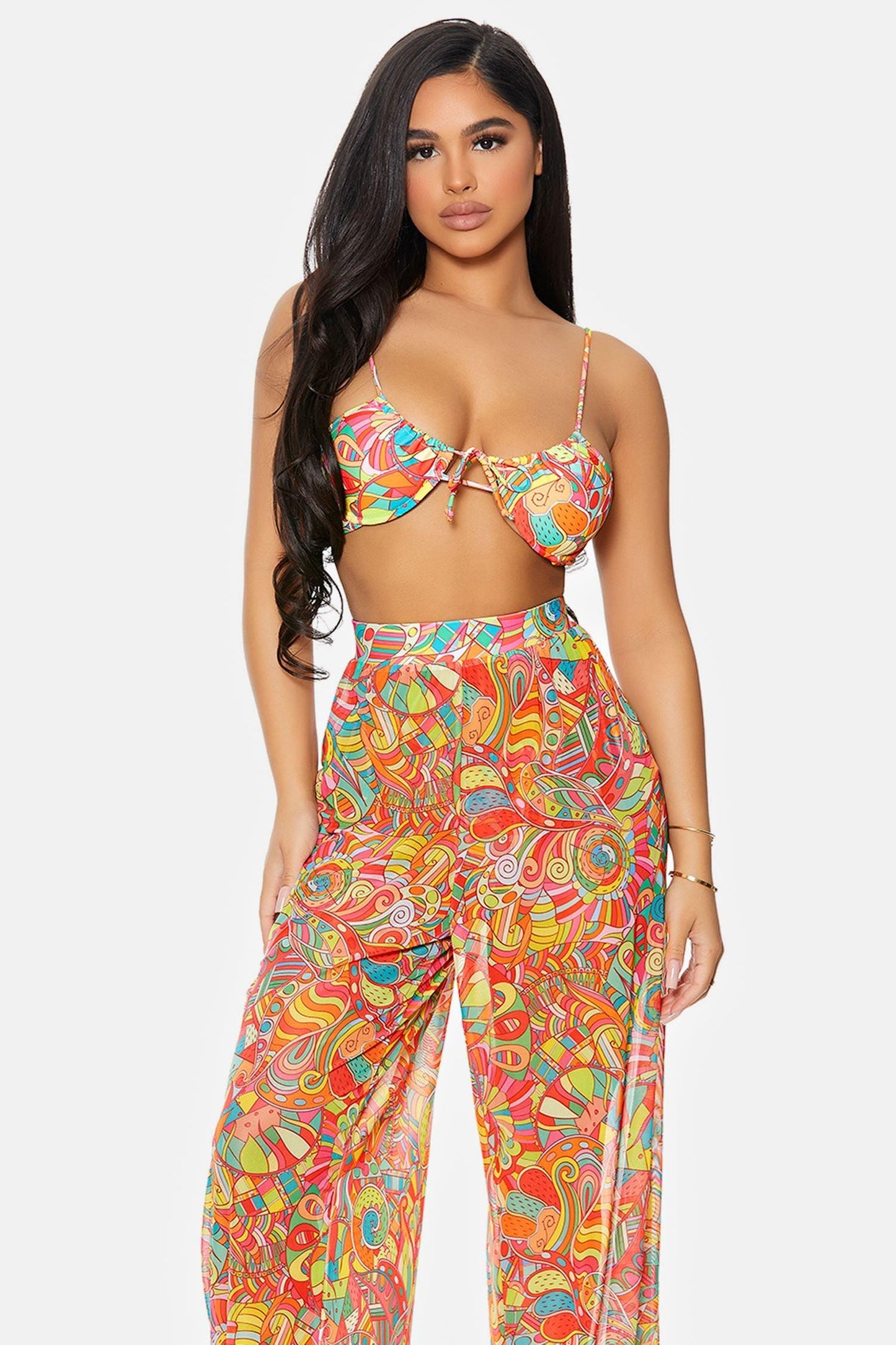 Multi Kaleidoscope Coverup Mesh Sheer Pool Swimwear High Waist Bottom Pants