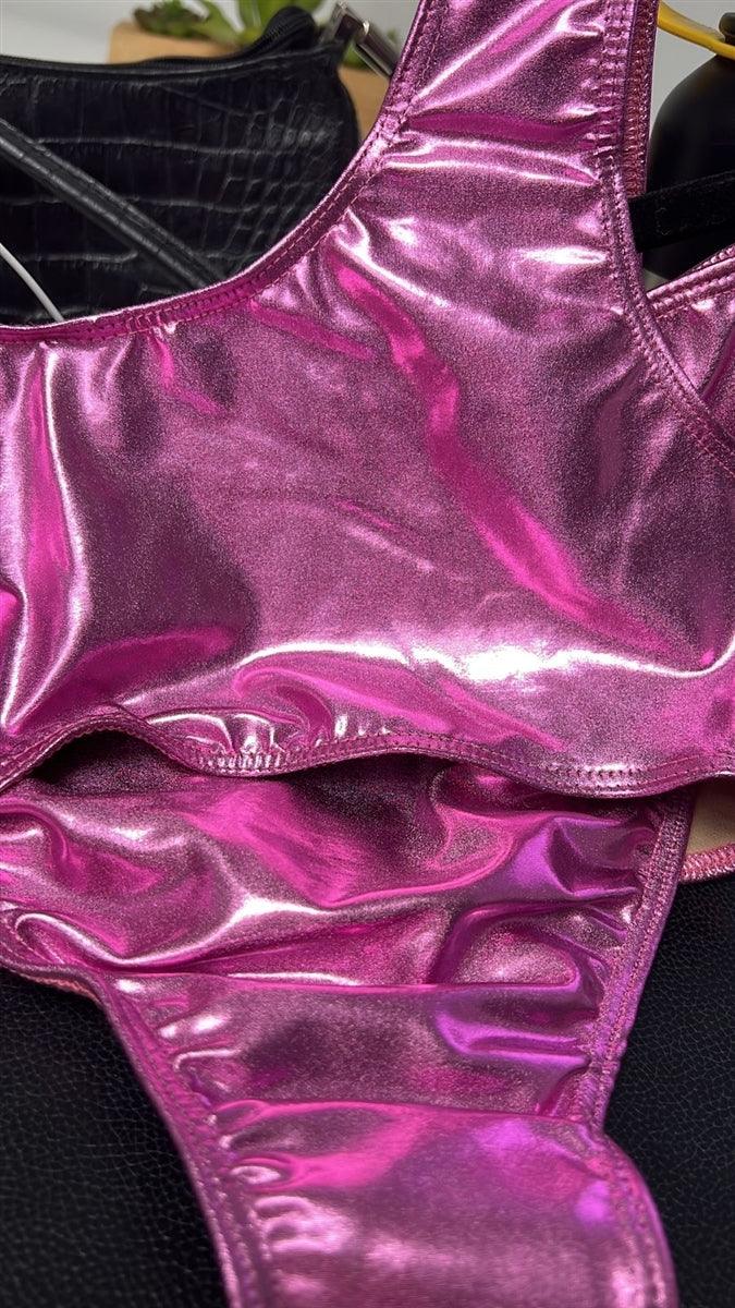 Wholesale Metallic Hot Pink Sport Bra & High Waist Bikini Swimwear Two-Piece  Set