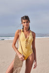 Gold V-Neck Front Lace-Up High-Leg Criss-Cross Back Detail One-Piece Swimsuit /1-2-2-1