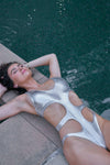 Metallic Silver Unique Cut-Out Deep Scoop Neck High Hip One-Piece Swimsuit /2-2-1-1