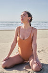 Dark Adobe & Butterscotch Round Neck Lace-Up Side Detail Double Sided One-Piece Swimsuit /1-2-1-1