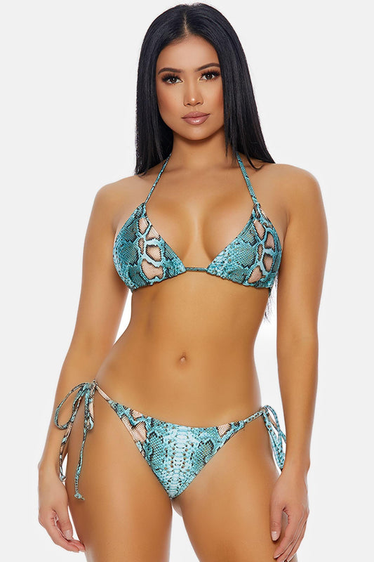 Turquoise Multi Snake Print Triangle Top Tie-Side Bottoms Bikini Swimwear 2 Piece Set