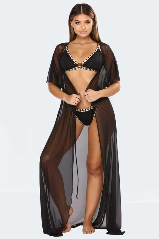 Black Sheer Mesh Midi Sleeve Drawstring Waist Maxi Kimono/Cover Up