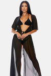 Black Tied To The Beach Clear PVC Accent Triangle Top Matching Tie-Side Bottom Kimono Bikini Swimwear Coverup 3 Piece Set