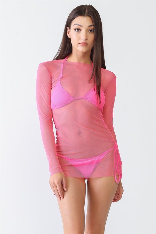 Neon Pink Triangle Top Self-Tie Bottom Bikini & Mesh Coverup Mini Dress 3 Piece Set Swimwear