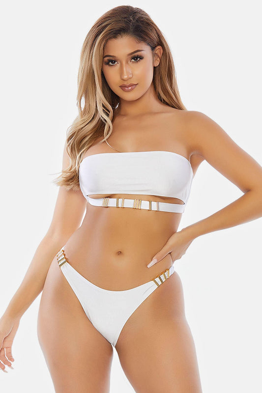 White Cali Tube Bandeau Gold Metal Hardware High Cut Bottoms Sexy Bikini Swimwear 2 Piece Set