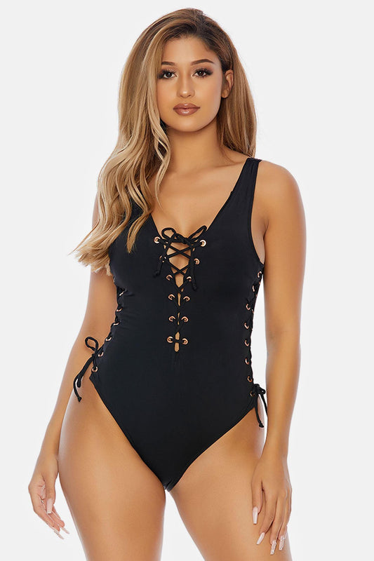 Black Lace-Up Front and Side Panels One Piece Swimsuit