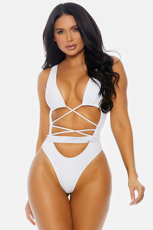 White Cut-Out Criss Cross Wrap Brazilian One Piece Swimsuit