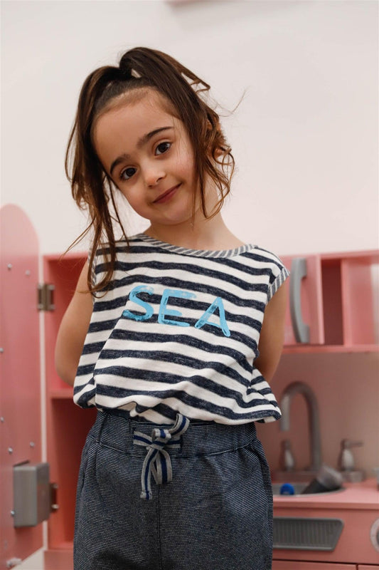 Girls Navy Stripe 'Sea" Print Sleeveless Top /2-1-2-2