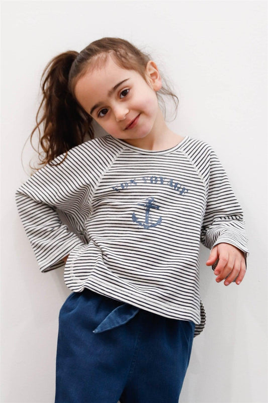 Girls Navy Striped Cotton Blend Marine Print Long Sleeve Top /3-1-3