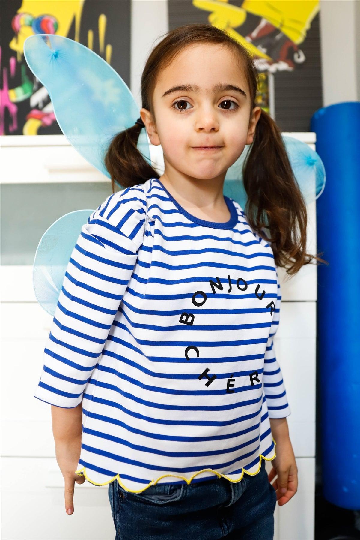 Girls Blue Stripe "Bonjour" Print Contrast Lettuce Edge Back Button Up Detail Top /1-3-2