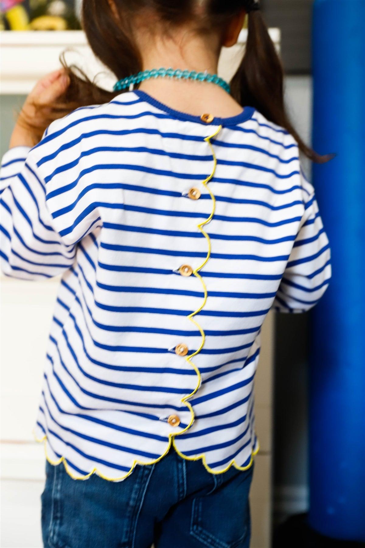 Toddler Girls Blue Stripe "Bonjour" Print Contrast Lettuce Edge Back Button Up Detail Top /1-3-2