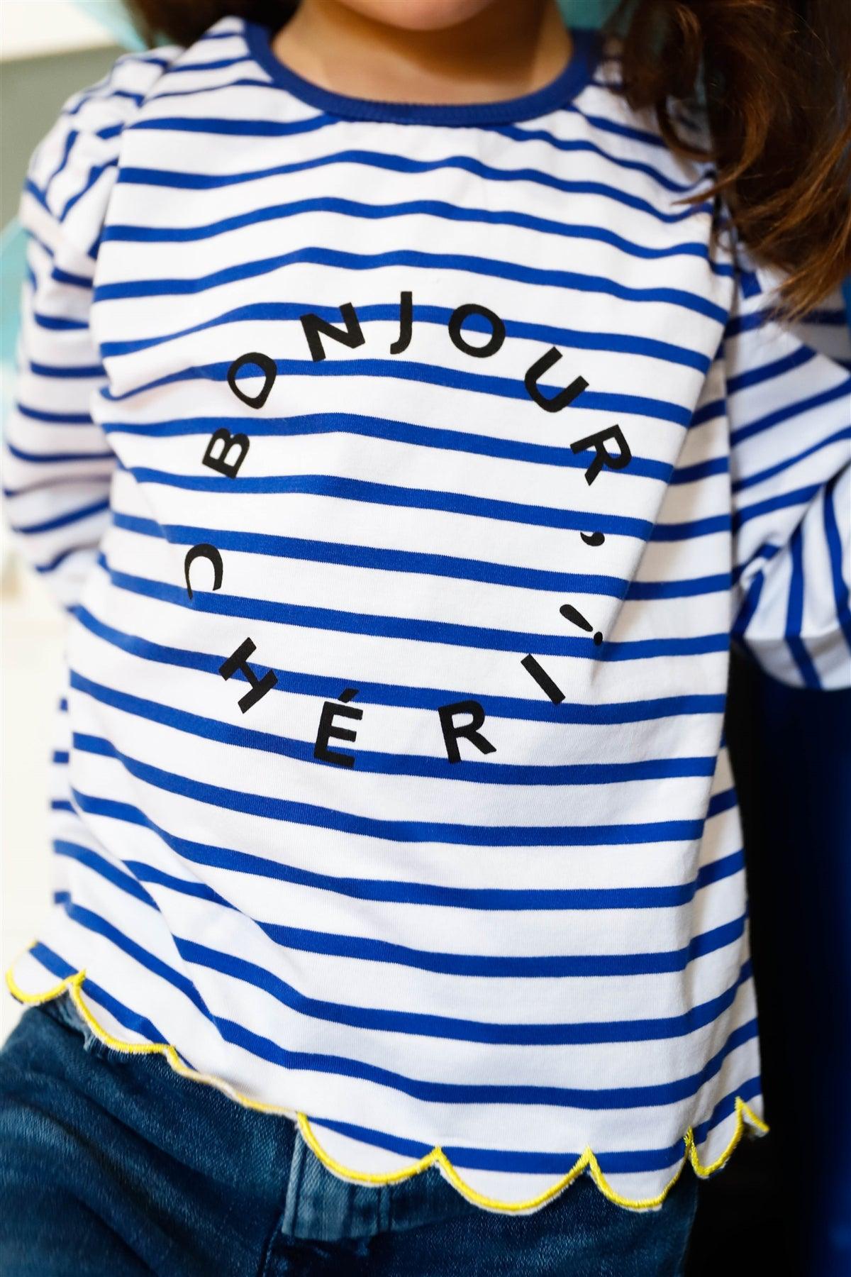 Toddler Girls Blue Stripe "Bonjour" Print Contrast Lettuce Edge Back Button Up Detail Top /1-3-2