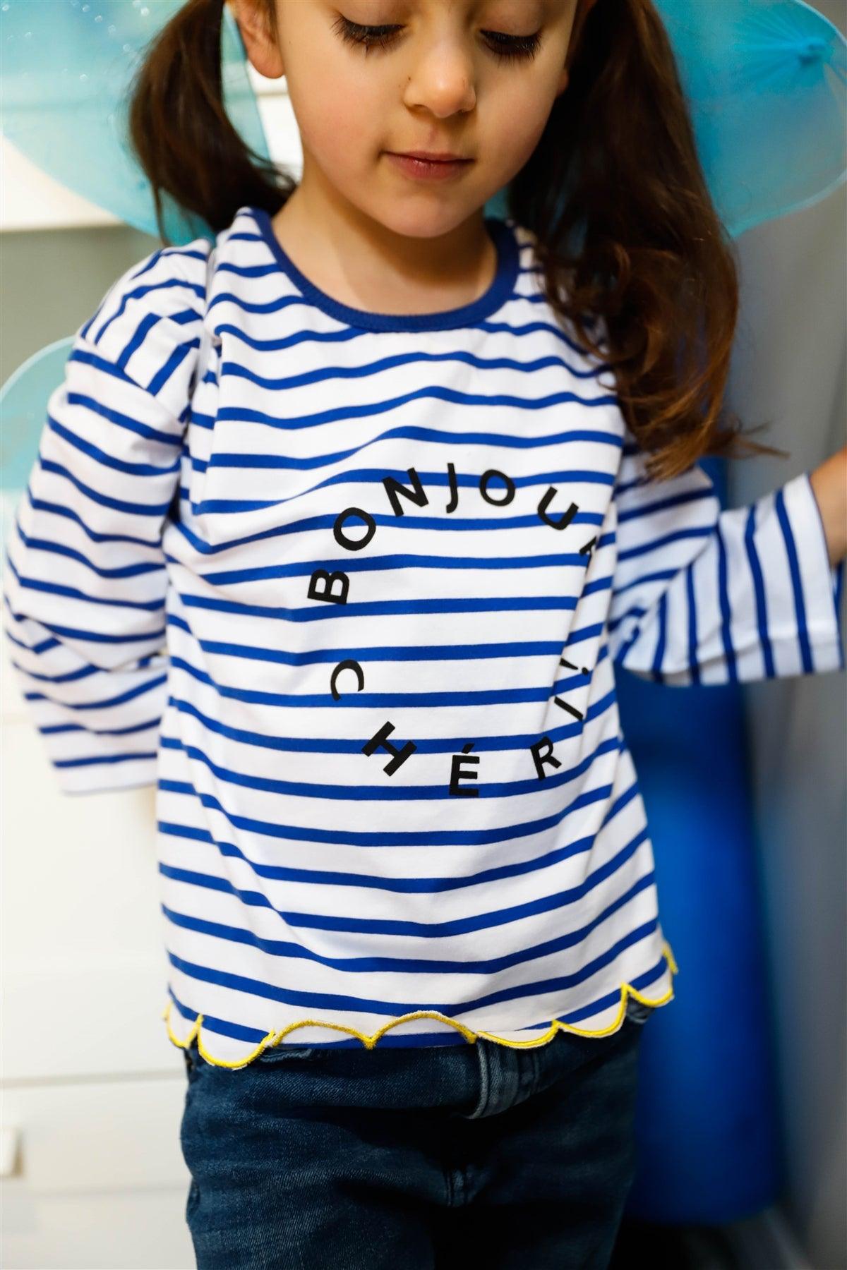 Toddler Girls Blue Stripe "Bonjour" Print Contrast Lettuce Edge Back Button Up Detail Top /1-3-2