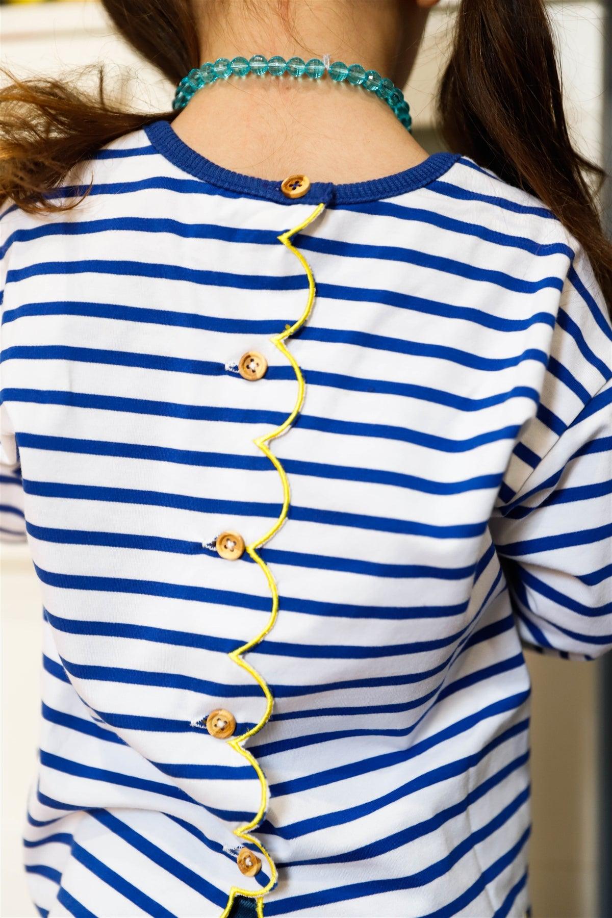 Toddler Girls Blue Stripe "Bonjour" Print Contrast Lettuce Edge Back Button Up Detail Top /1-2-2-1