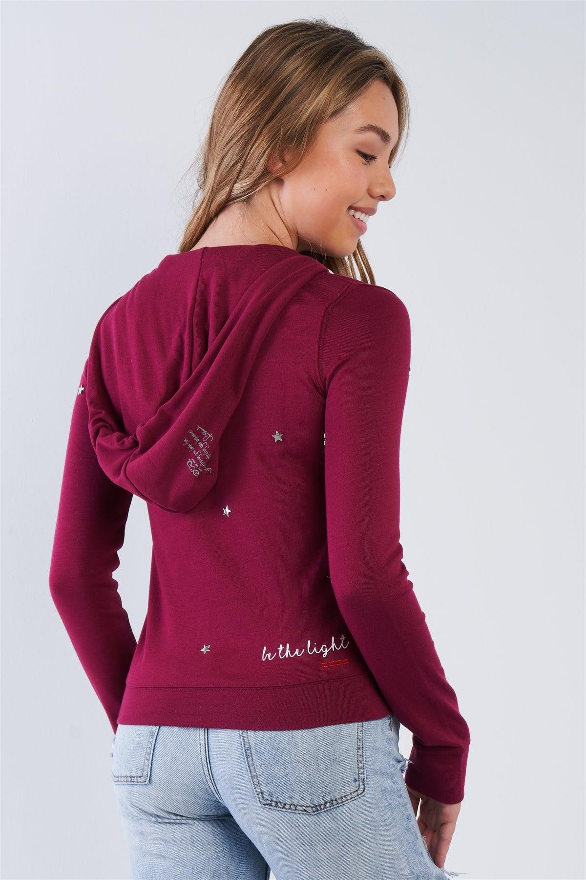 Plum Long Sleeve "Be The Light" Graphic Star Studded Comfy Zip Up Hoodie /2-2-1-1