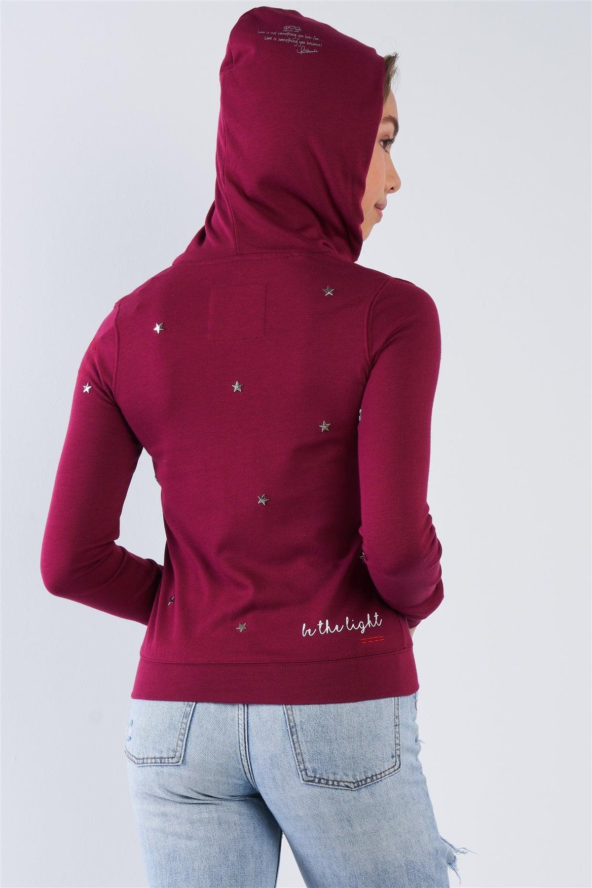 Plum Long Sleeve "Be The Light" Graphic Star Studded Comfy Zip Up Hoodie /2-2-1-1