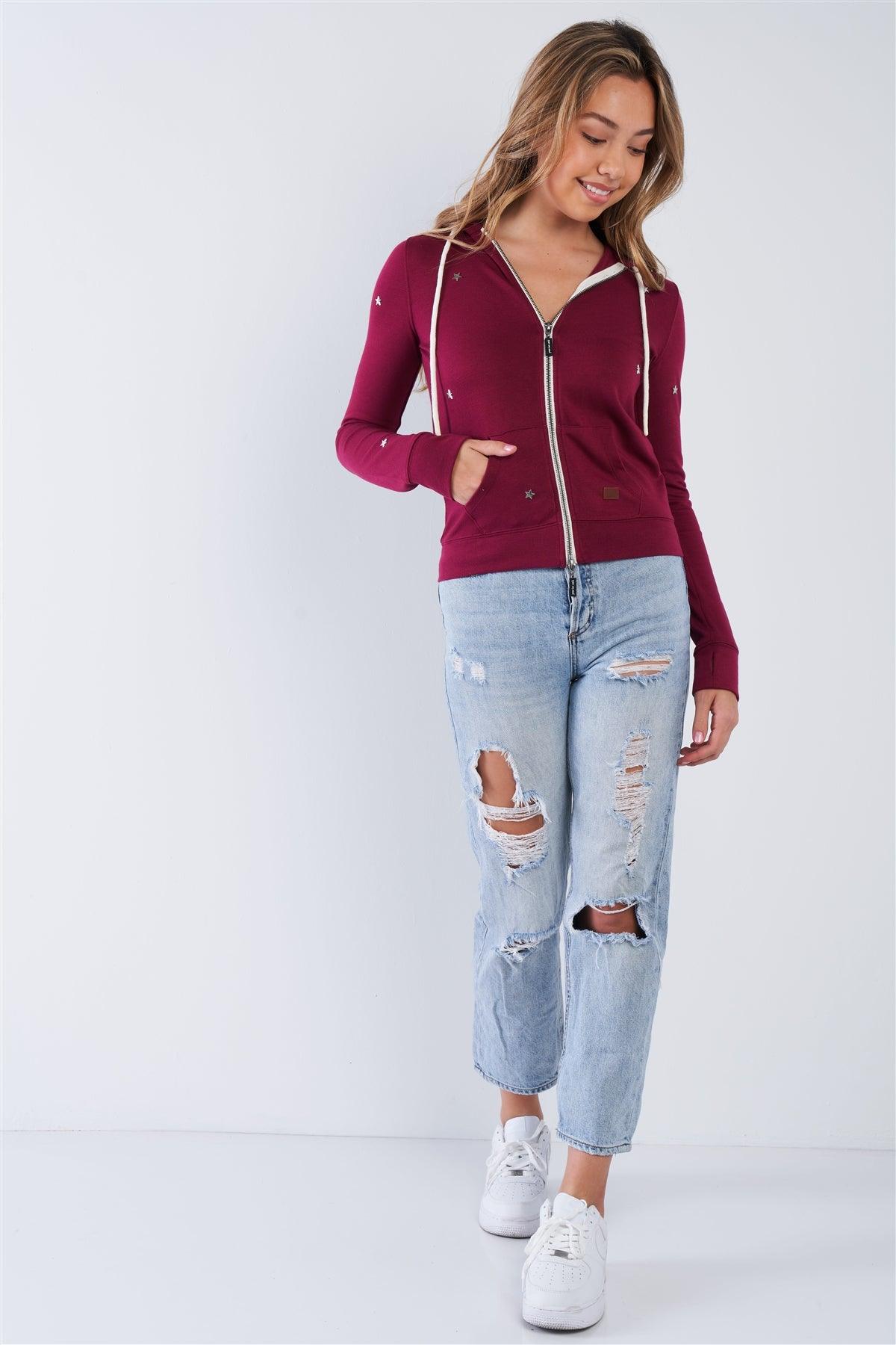 Plum Long Sleeve "Be The Light" Graphic Star Studded Comfy Zip Up Hoodie /2-2-1-1