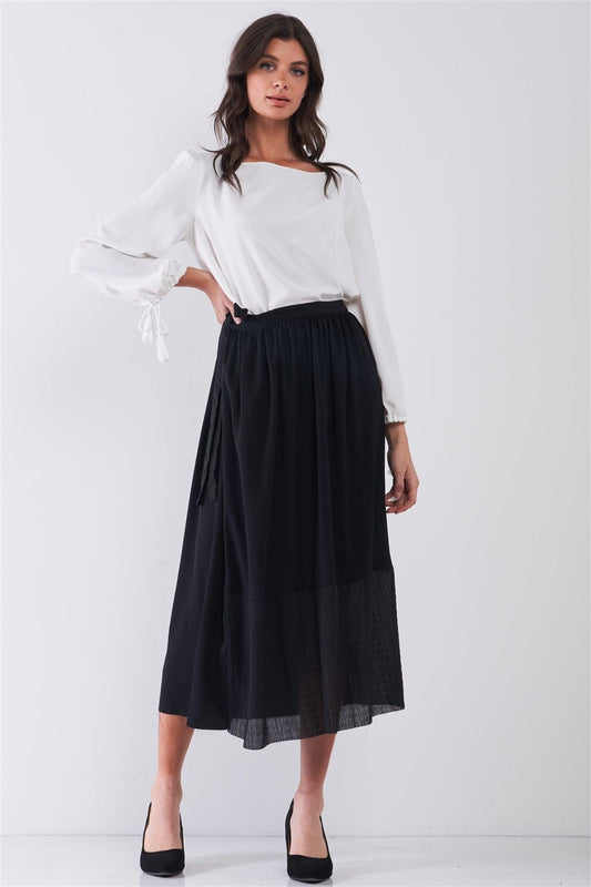 Jet Black Matted Effect Self-Tie Side Detail High Waist Mesh Bottom Hem A-Line Flare Midi Skirt /3-2-1