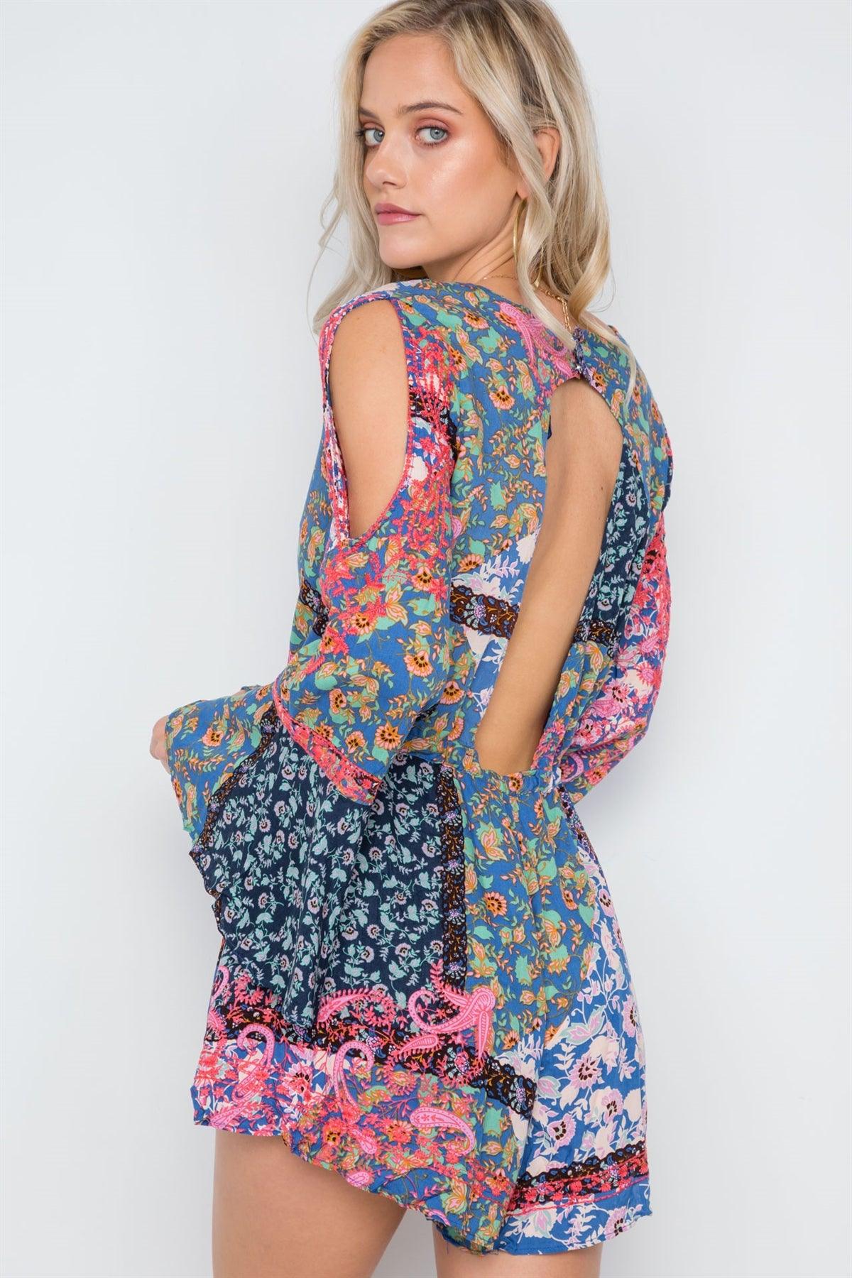 Blue Green Multi Print Bell Sleeve Romper /3-2-1