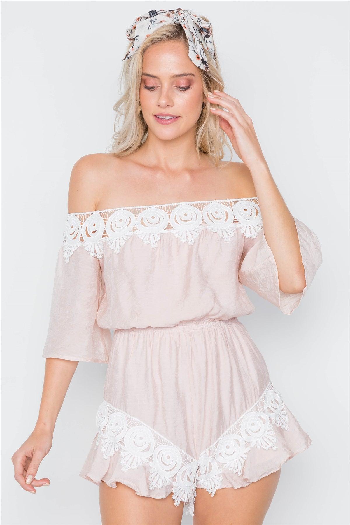 Beige Blush Off-The-Shoulder Crochet Trim Romper /1-3-2-1