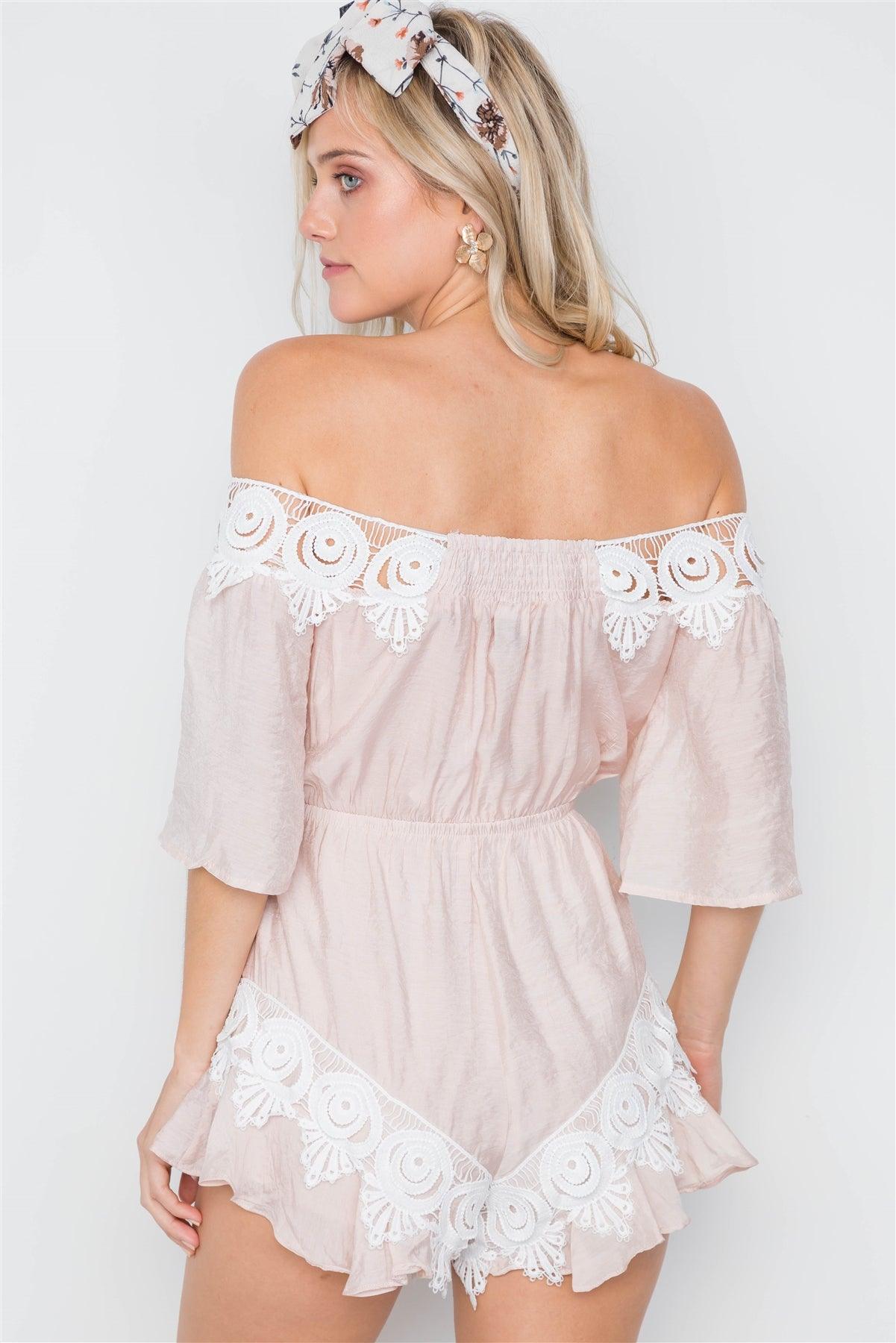 Beige Blush Off-The-Shoulder Crochet Trim Romper /1-3-2-1