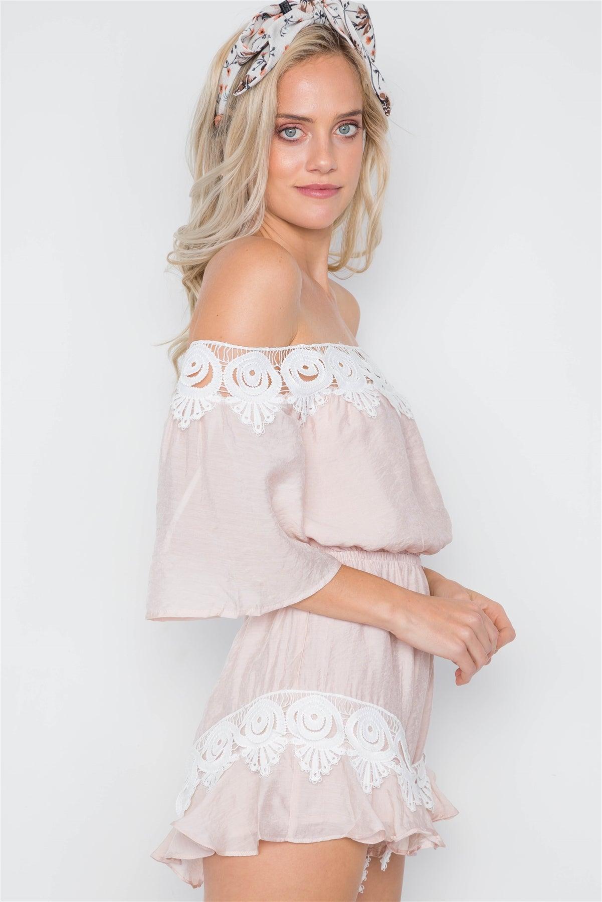 Beige Blush Off-The-Shoulder Crochet Trim Romper /1-3-2-1