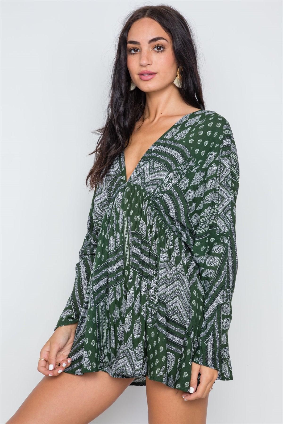 Khaki Olive Bandana Print Batwing Long Sleeve Romper /2-1