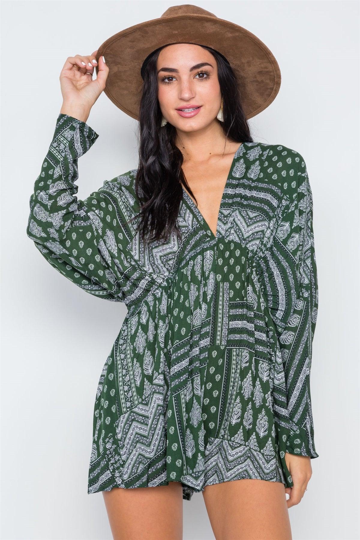 Khaki Olive Bandana Print Batwing Long Sleeve Romper /2-1