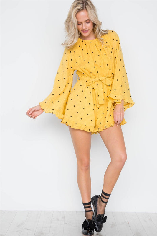 Yellow Polka Dot Ruffle Bell Sleeves Romper /3-2-1