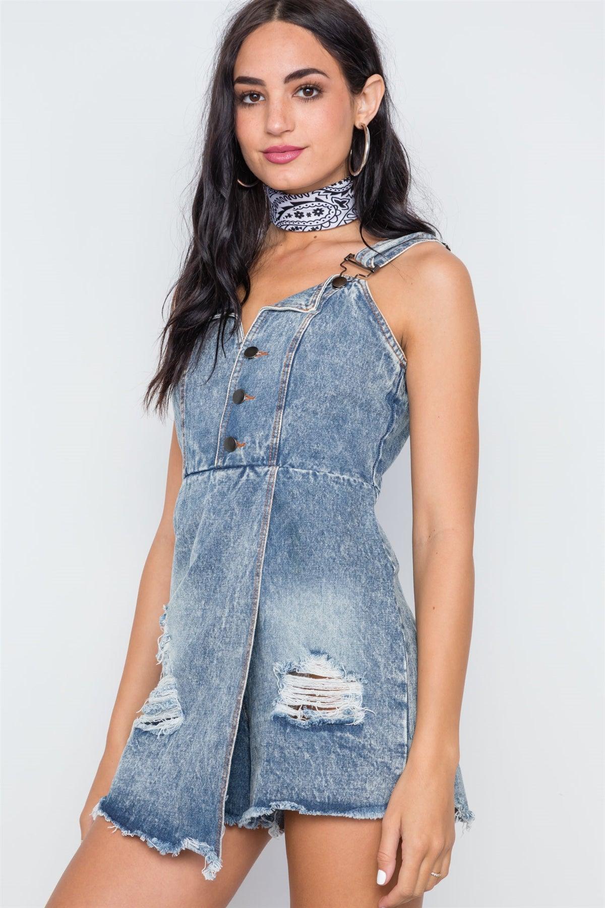 Denim Blue Distressed Frayed Hem Romper /1-1-2-1