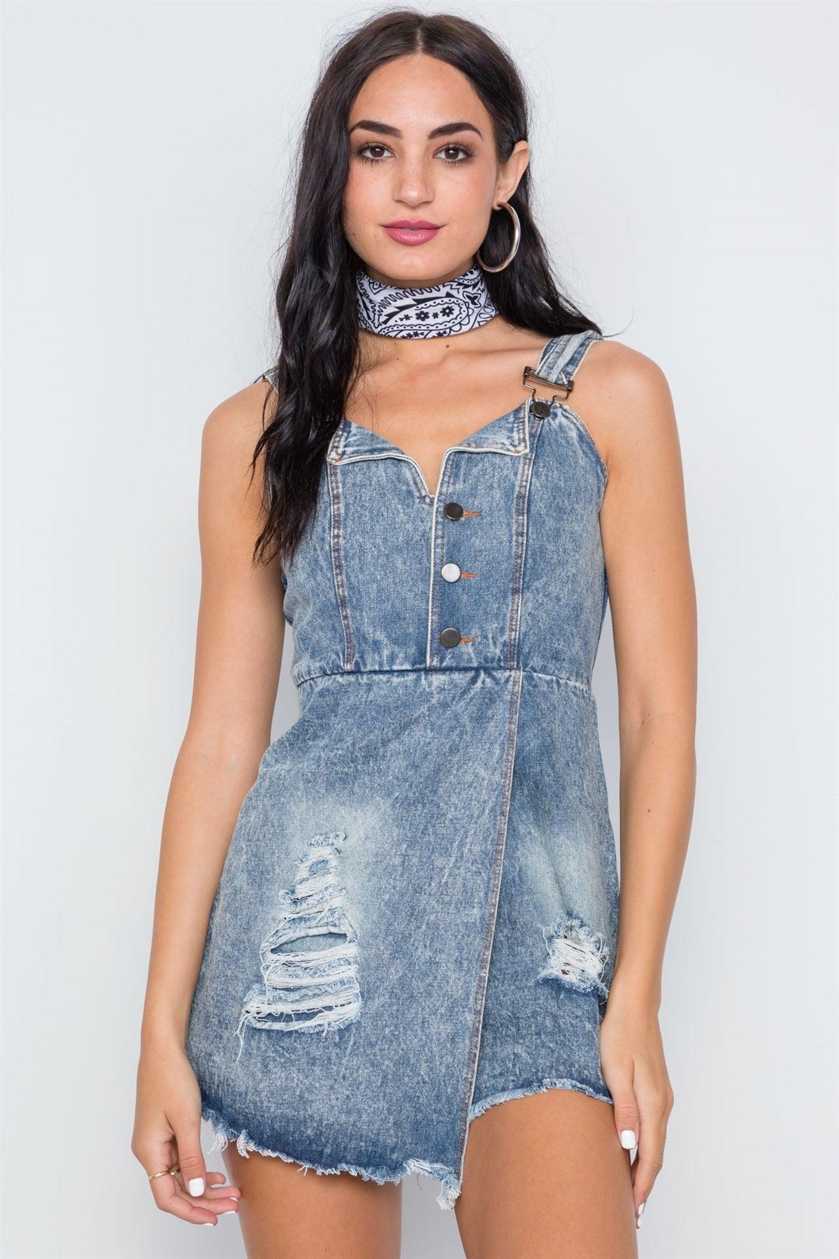 Denim Blue Distressed Frayed Hem Romper Romper /1-3-2-1