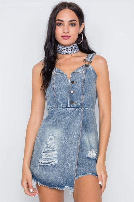 Denim Blue Distressed Frayed Hem Romper Romper /1-3-2-1