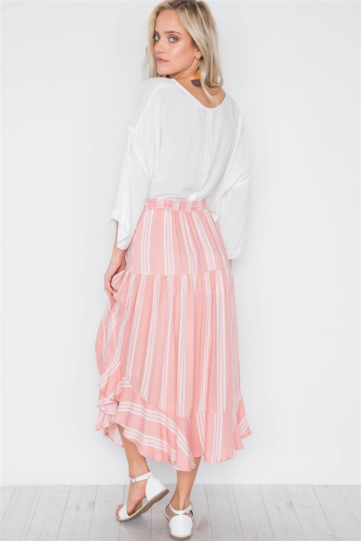 Peach Stripe High-Waist Midi Skirt /1-2-2-1 - Tasha Apparel Wholesale