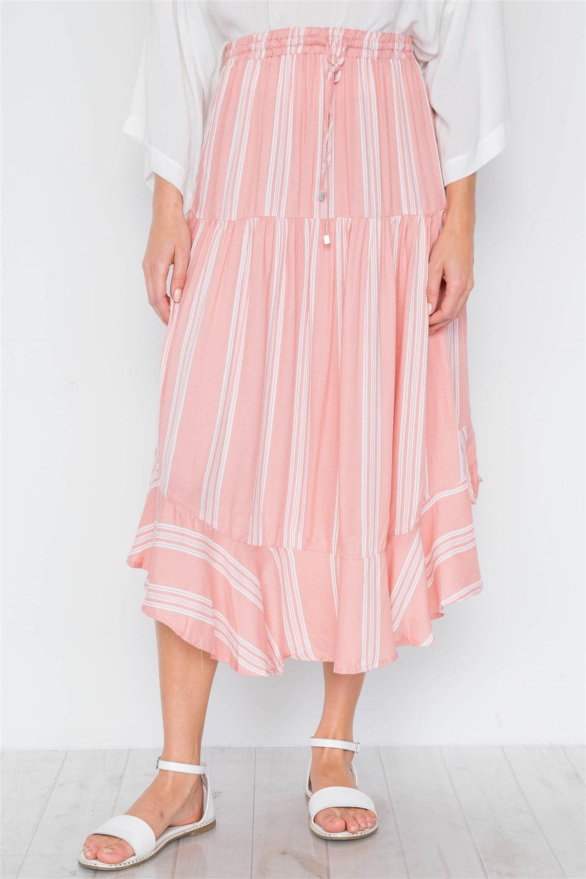 Peach Stripe High-Waist Midi Skirt /1-2-2-1 - Tasha Apparel Wholesale