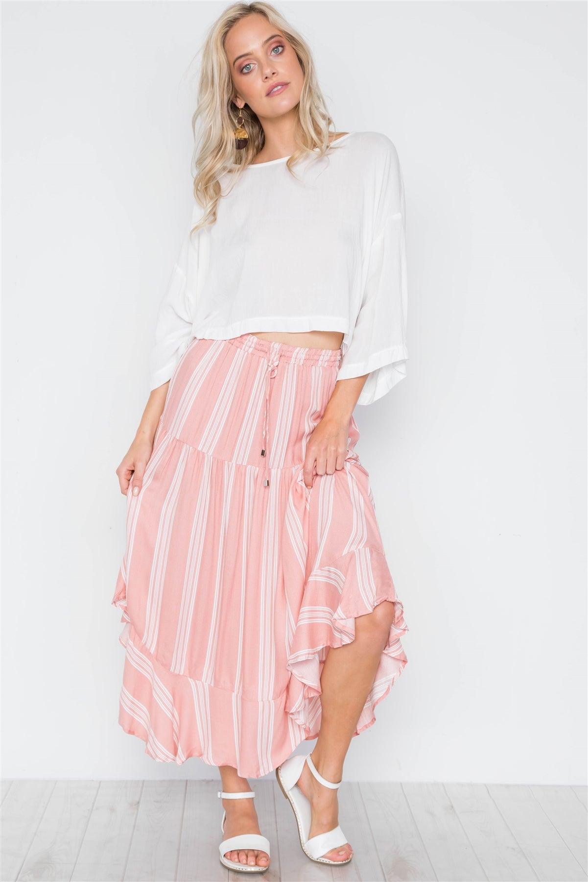 Peach Stripe High-Waist Midi Skirt /1-2-2-1 - Tasha Apparel Wholesale