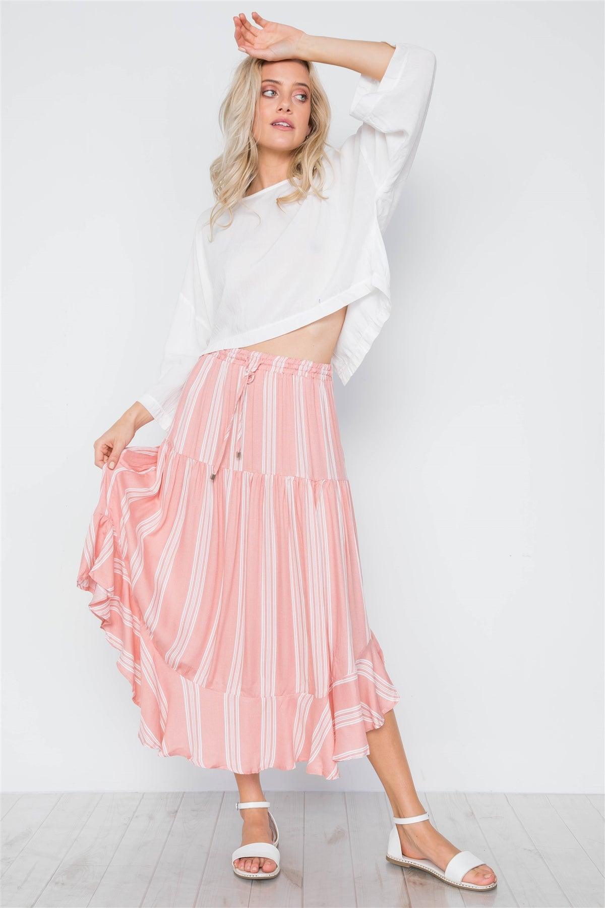 Peach Stripe High-Waist Midi Skirt /1-3-2-1