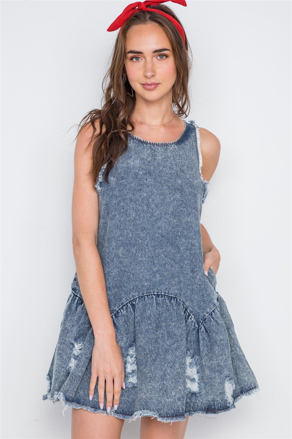 Denim Distressed Sleeveless Frayed Hem A-Line Mini /2-2-2-2