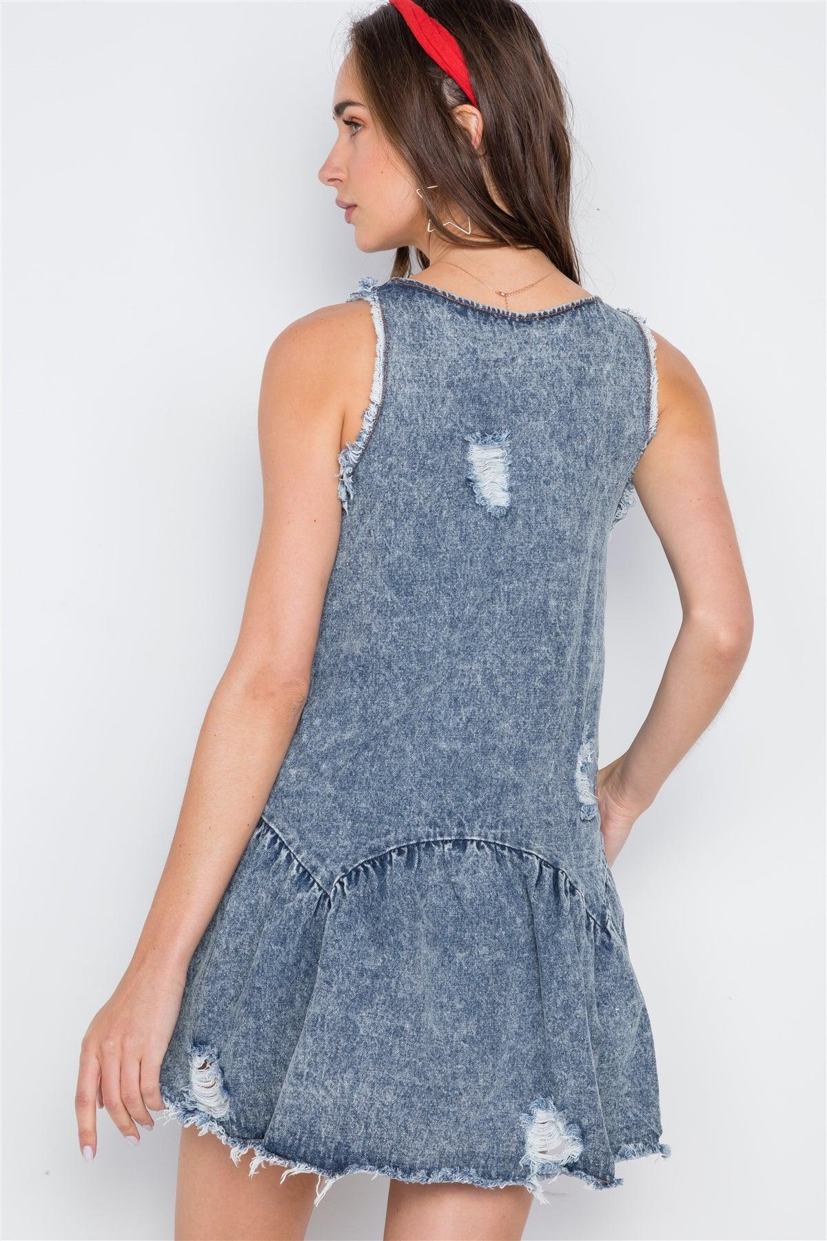 Denim Distressed Sleeveless Frayed Hem A-Line Mini /2-2-2-2