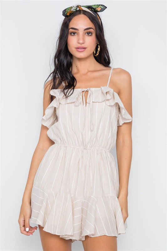 Beige Stripe Cami Flounce Boho Romper /1-3-2-1