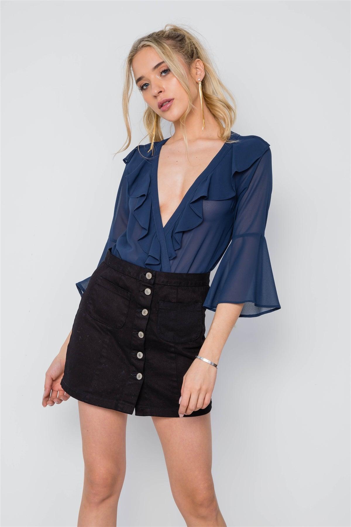 Navy Chiffon Bell Sleeve Ruffle Bodysuit /2-2-2