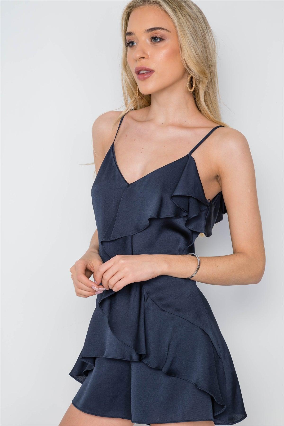 Navy Satin Cami Ruffle Flounce Romper /1-2