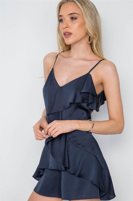 Navy Satin Cami Ruffle Flounce Romper /1-2