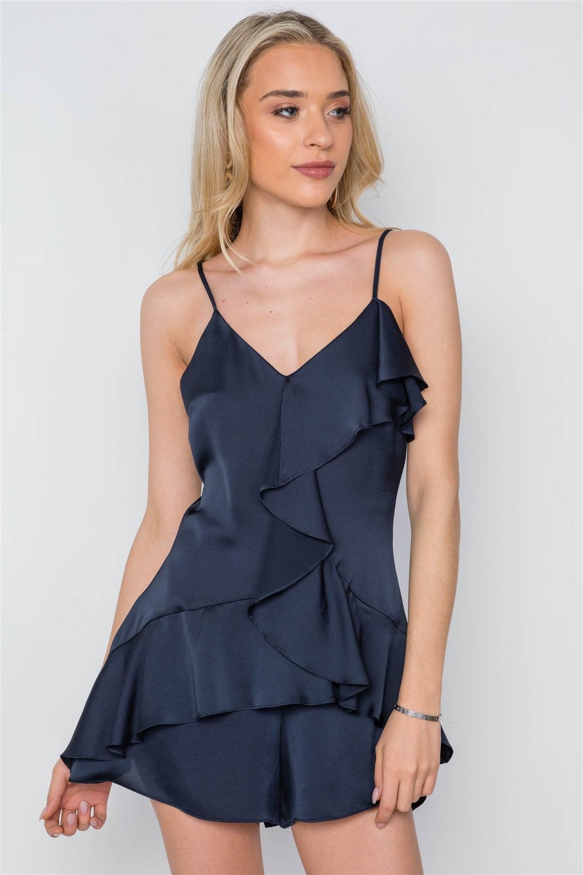 Navy Satin Cami Ruffle Flounce Romper /1-2