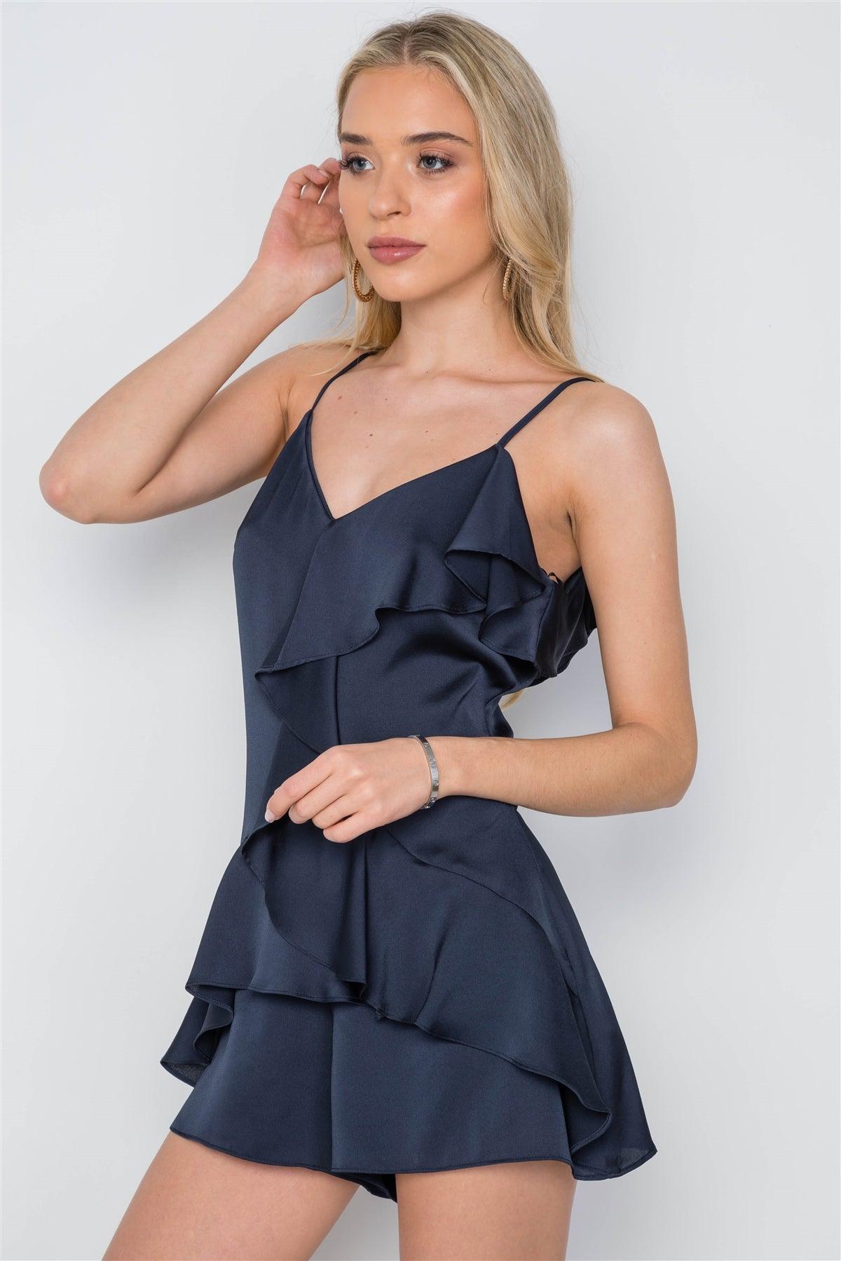 Navy Satin Cami Ruffle Flounce Romper /3-3