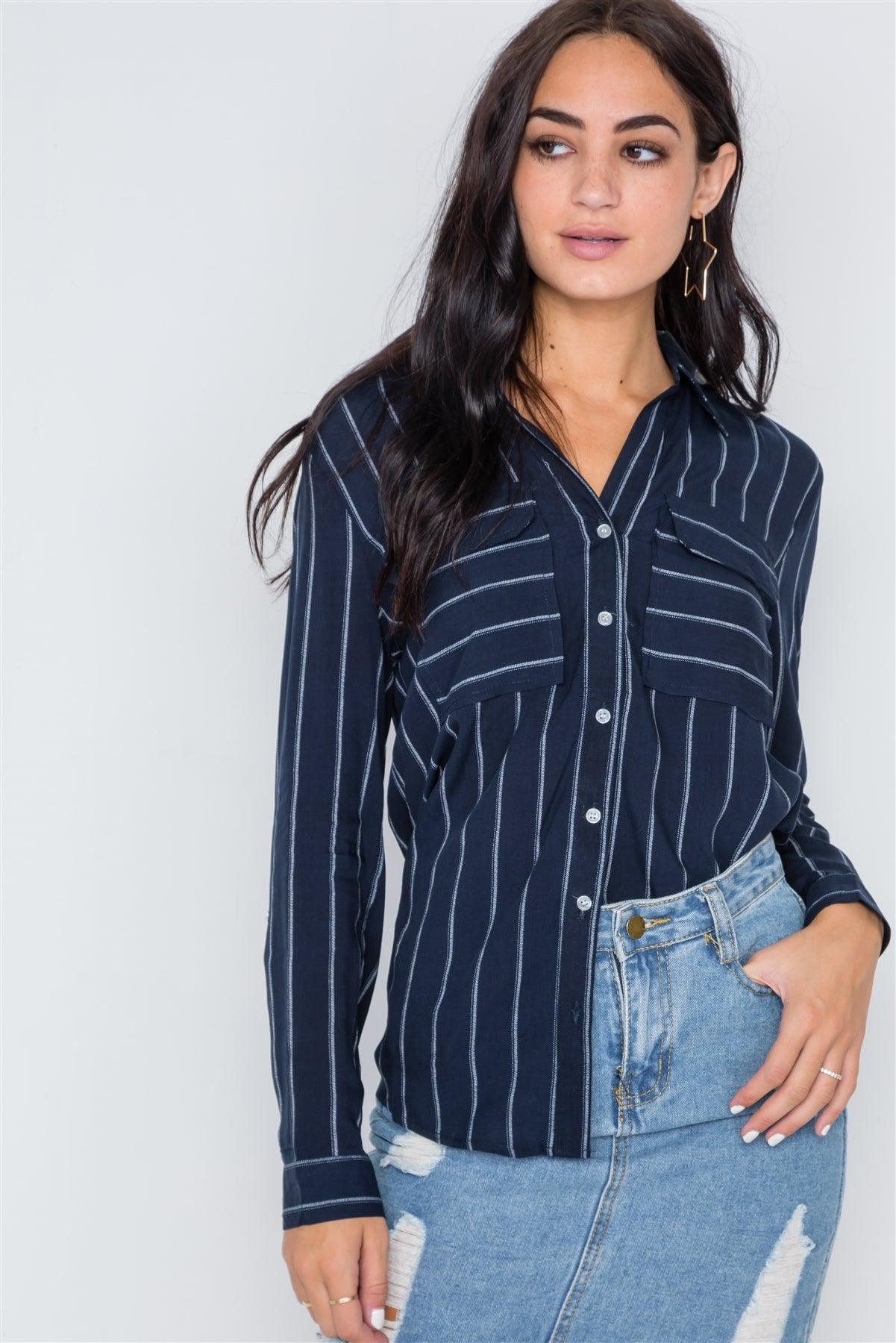 Navy Stripe Long Sleeve Button Down Blouse Top /2-2-2