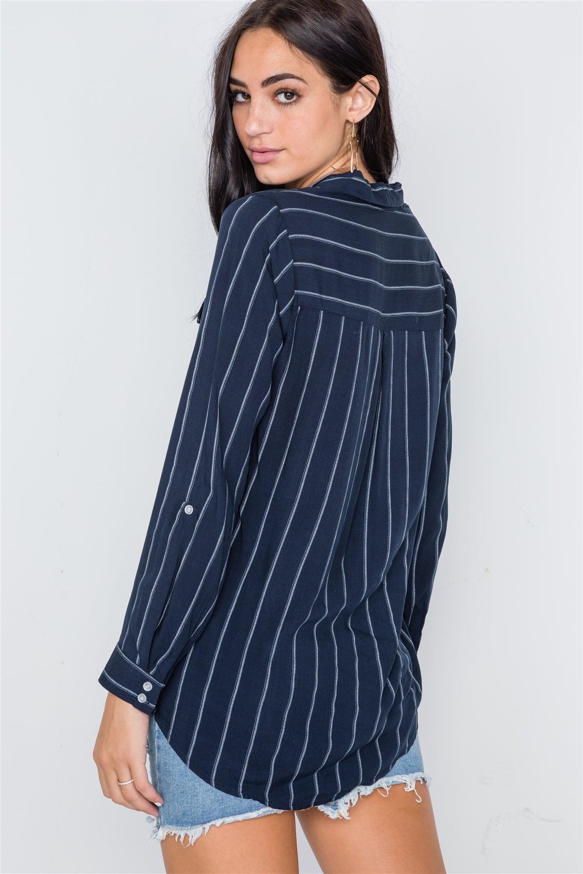 Navy Stripe Long Sleeve Button Down Blouse Top /2-2-2