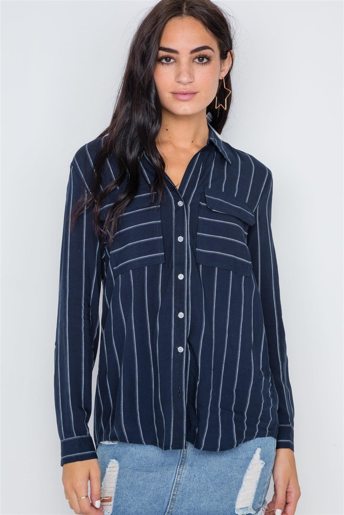 Navy Stripe Long Sleeve Button Down Blouse Top /2-2-2