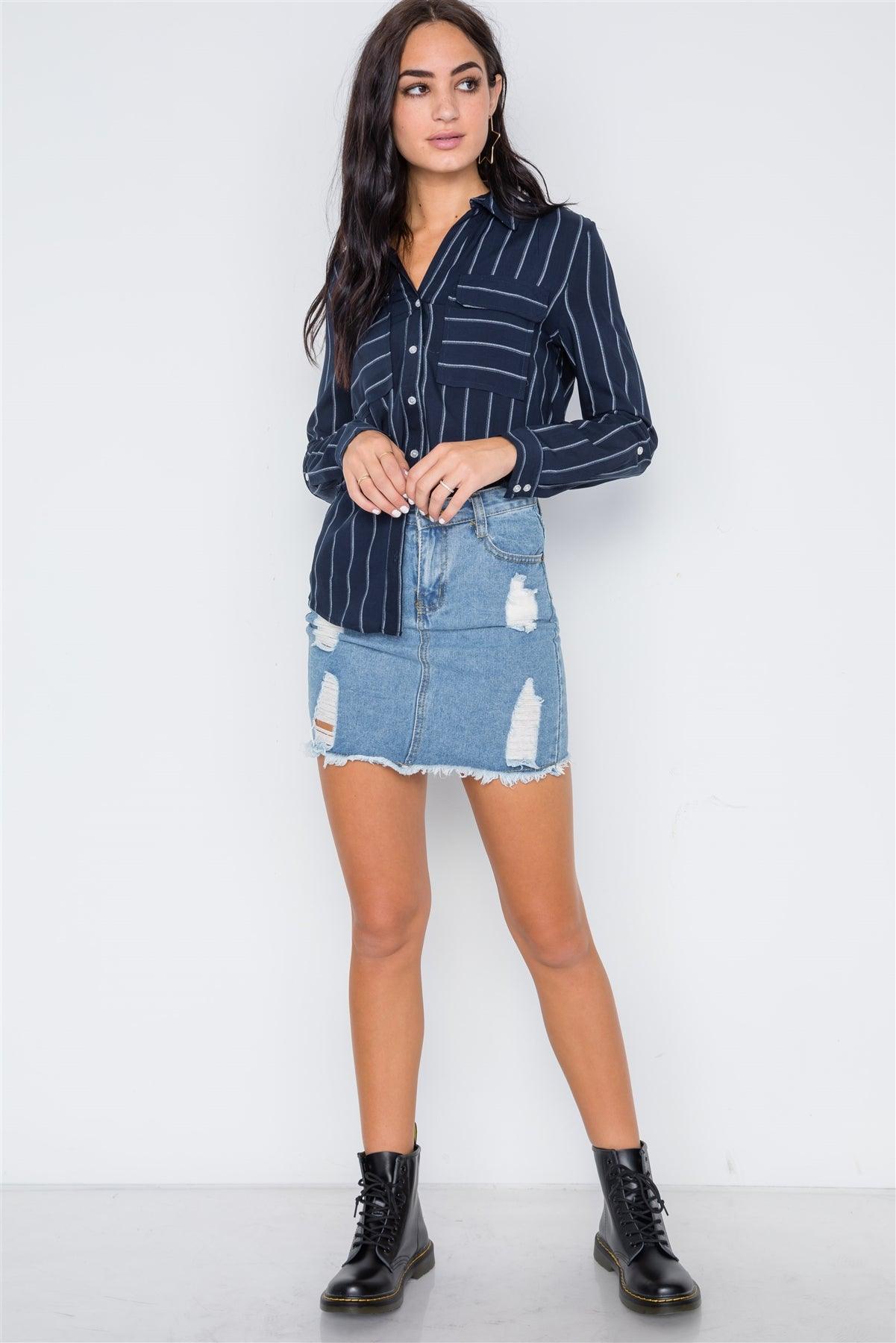 Navy Stripe Long Sleeve Button Down Blouse Top /2-2-2